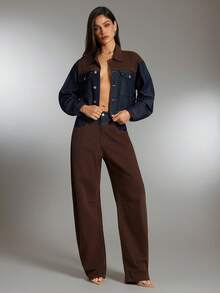 Denimoi 双色拼色高腰直筒牛仔裤 秋冬西部时尚女牛仔装 - 彩色 - 查看 6