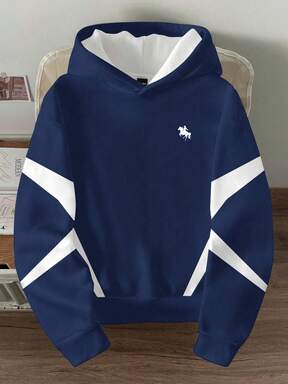 Manfinity Joysei هودي كاجوال للرجال بطباعة ألوان متباينة وأكمام طويلة