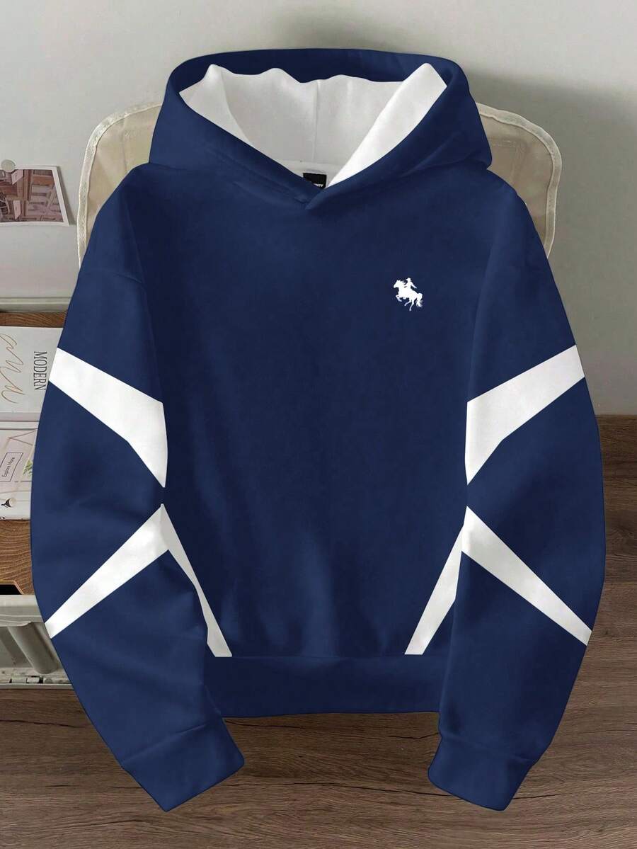 Manfinity Joysei Men's Casual Contrast Color Print Long Sleeve Hoodie - Navy Blue - View 1