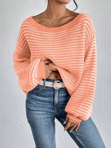 SHEIN VCAY Áo len chui đầu trễ vai kẻ sọc ngang dành cho nữ cỡ lớn, phong cách công sở thường ngày, đi nghỉ mát, đồng quê. - Màu Hồng  San hô - Xem 4