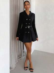SHEIN Glamour Chaqueta elegante de mujer de doble botonadura en color negro, adecuada para ir al trabajo, atuendos de otoño/invierno, uso al aire libre, casual de negocios, abrigo de invierno - Negro - Ver 3