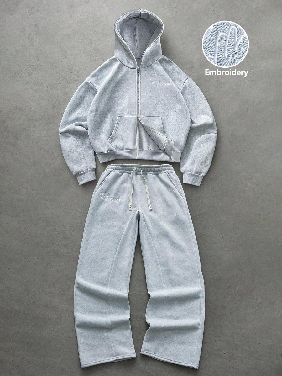 PAVTROS 男士高品质刺绣休闲连帽衫，适合街头穿搭、音乐节、日常外出、朋友聚会、送给男友/丈夫的礼物、周年纪念礼物 - 淺灰色 - 查看 1