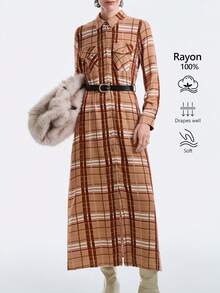 Aalyst Women's Brown Checkered Elegant Luxury Christmas Party Casual Maxi Shirt Dress,Autumn Occasion Vintage Plaid Shirt Collar Open Front Pocket Belt Waist - Multicolor - View 4