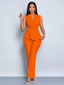 SOLERSUN 女款杏色优雅V领长袖T恤阔腿裤两件套不对称下摆两件套日常休闲女装春夏无袖短袖 - 橘色 - 查看 3