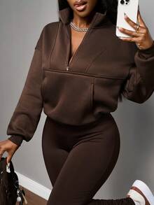 Slaydiva 2025新款秋冬休闲街头风基础款运动瑜伽拉链连帽衫+紧身裤套装 - - 棕色 - 查看 7