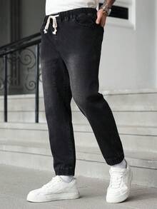 Manfinity Homme 男士抽绳腰带口袋直筒宽松休闲百搭牛仔裤 - 黑色 - 查看 6