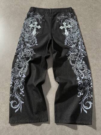 Jeans larges et amples de mode de rue décontractée avec imprimé croix et plante pour hommes