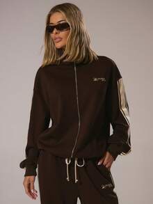 Sweat Stripe Side Musera Sport Jacket Active Gymwear Fitness Desert Runner Fall Winter - Coffee Brown - View 1