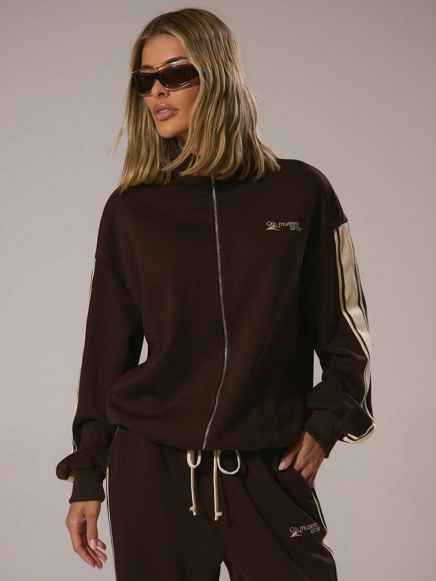 Sweat Stripe Side Musera Sport Jacket Active Gymwear Fitness Desert Runner Fall Winter - Coffee Brown - View 1
