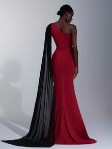 Elitara Elegante y lujoso vestido maxi con cola, de punto elástico en color café oscuro combinado con gasa plisada negra, con hombro asimétrico, manga abullonada y abertura sexy, para eventos formales de mujer - Burdeos - Ver 3