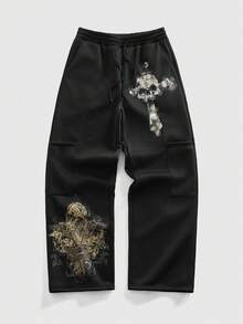 ROMWE MEN Street Life Men's Anime Skeleton Print Drawstring Waist Loose Casual Pants - Black - View 1