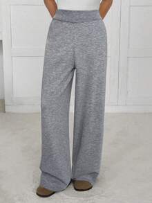 SHEIN EZwear 女士休闲百搭阔腿针织裤，秋冬季 - 灰色 - 查看 4