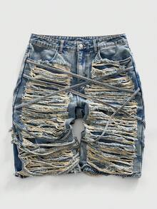 ROMWE MEN Street Life Men's Distressed Denim 3/4 Length Blue Shorts - Blue - View 7