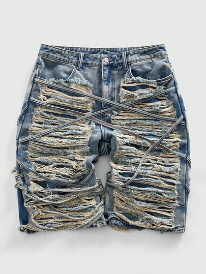 ROMWE MEN Street Life 男士做旧牛仔七分蓝色短裤