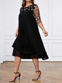 Miaspire 女式大码休闲宽松网眼拼布连衣裙 - 黑色 - 查看 7