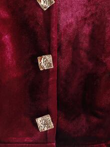 Modelyn 天鹅绒圆领长袖开襟短款外套背心无袖收腰修身连衣裙优雅奢华女士套装 - 酒紅色 - 查看 6