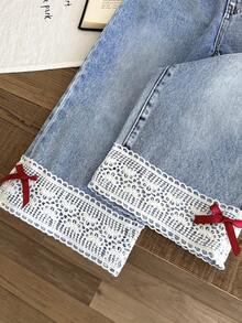 LMoss Kids Young Girl' Bow Trim Loose Fit Blue Denim Pants,Red 3D Bow, Fall Clothes,Winter Clothing , Casual And Fashionable Vacation Outfits,2000s Style  ,Christmas Clothing,Red Bow Denim Pants,Christmas Jeans,Vacation Bow Pants - Light Wash - View 7