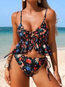 Swim Mod 女士碎花荷叶边系带蝴蝶结抽绳修身小碎花吊带比基尼上衣 - 彩色 - 查看 5