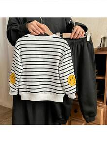 男童针织条纹圆领卫衣和裤子套装（2件套） - 黑與白 - 查看 3