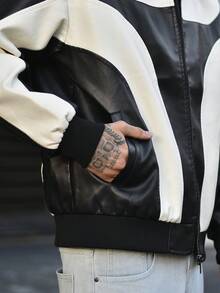 Devon Thys Men Two Tone Zip Up PU Leather Jacket, For Fall Winter - Black and White - View 5