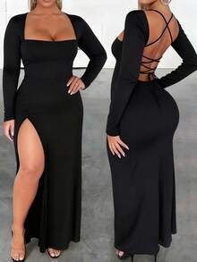INAWLY Fitted Sexy Square Neck Backless Lace-Up Hem High Slit Long Sleeve Dress, Plus Size Fall - Black - View 1