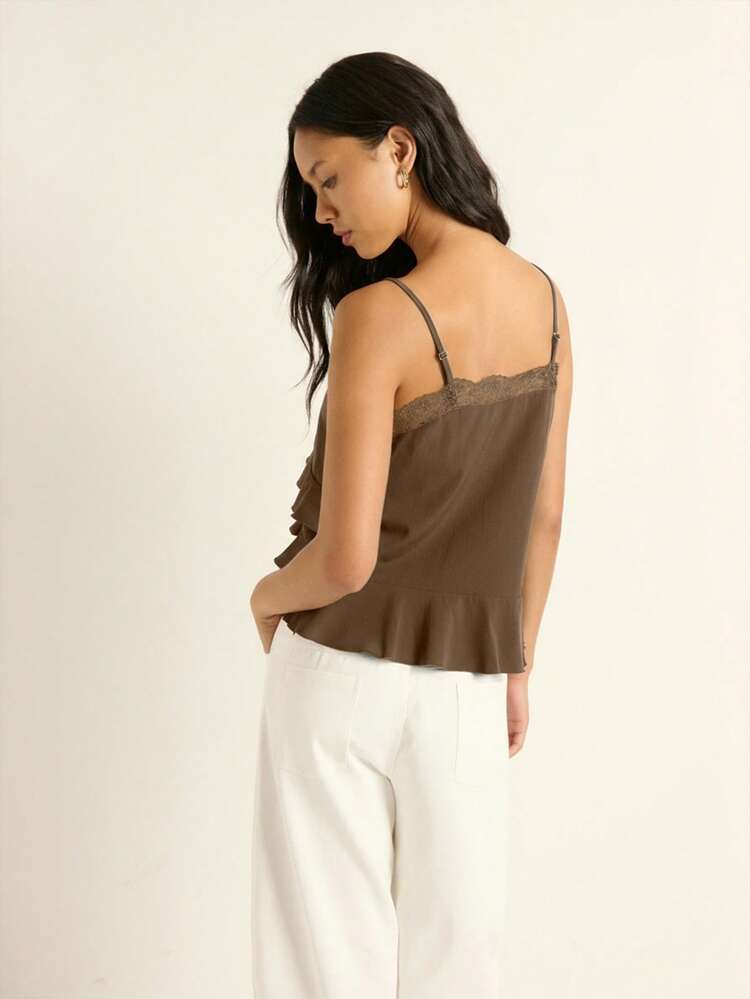 Nöista Strappy Top With Ruffle Detailing And A Delicate Lace Trim, Offering A Flirty And Modern Look Perfect For Night-Out Outfits, Party Styling And Women's Spring Break Outfits Layering; An Eye-Catching Piece Ideal For Dates, Festive Birthday Outfits For Women Clothes Looks, Elegant Celebrations And Stylish Seasonal Ensembles. - Brown - View 2