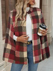 EMERY ROSE 女士格子披肩袖优雅宽松羊毛大衣，秋冬款 - 棕色 - 查看 1