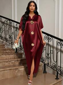 SHEIN Lady 四季皆宜的节日礼服/婚礼宾客/礼服/舞会礼服/金色/晚宴礼服/金色女士缎面提花前开衩连衣裙，休闲派对优雅 - 酒紅色 - 查看 6