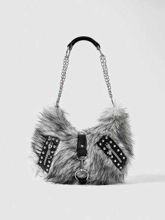Grunge Punk Damen Umhängetasche, Hobo Tasche, Kunstfell, Plüsch, Nieten, modisch, personalisiert, vielseitig, Straße, süß und cool Mädchen, heiße Mädchen, Punk, Y2K, Alltag, Herbst und Winter (zufälliges Muster)