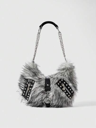 Grunge Punk Borsa a spalla da donna, borsa hobo, in pelliccia sintetica, morbida e soffice, con borchie, alla moda, personalizzabile, versatile, da strada, dolce e cool, per ragazze, punk, stile Y2K, per uso quotidiano, adatta per autunno e inverno (motivo casuale)