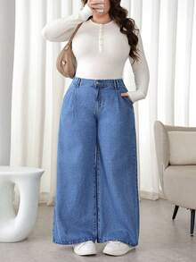 SHEIN PETITE CURVE 大码女式高腰口袋阔腿宽松休闲牛仔裤，适合冬季、圣诞节、新年、感恩节、通勤、度假、毕业典礼等场合，时尚百搭，Y2K风格，可爱街头风，适合派对、婚礼等优雅商务场合。 - 藍色 - 查看 6