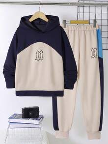 Vacaura 2pcs/Set Fashionable Tween Boys Hooded Sweatshirt With Contrast Color Splicing And Sweatpants Casual Sports Outfit