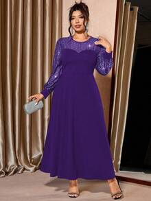 Cravure 大码女式亮片网纱拼接黑色针织面料灯笼袖连衣裙，适合夜店派对的优雅长款晚礼服 - 紫色 - 查看 3