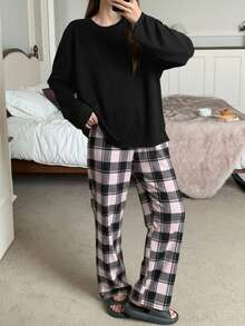 Bộ đồ mặc nhà màu đen 2 món cho bé gái tuổi teen, áo phông kẻ caro trơn và quần dài đến mắt cá chân kẻ caro, đồ ngủ mặc nhà thoải mái, cổ tròn, thoải mái và thời trang, phù hợp cho mùa xuân và mùa thu, đồ mặc nhà thoải mái - Hồng - Xem 3