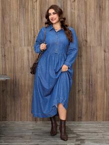 EMERY ROSE 大码女士休闲优雅水洗牛仔连衣裙 - 淺色水洗藍 - 查看 5