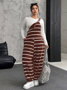 SHEIN EZwear Plus Size Women's Brown & White Ribbed Elastic Fuzzy Ribbed Jumpsuit - Brown - View 6