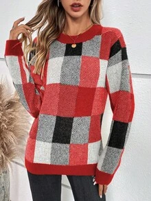 EMERY ROSE 女士圆领格子条纹宽松休闲套头毛衣 - 紅色 - 查看 3