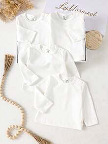 新生儿白色长袖T恤，百搭亲肤，简约风格，舒适上衣，多件装 - 白色 - 查看 4