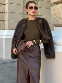 Lavishia Women's Crew Neck Ribbed Long Sleeve Fitted Knit T-Shirt, Versatile - Chocolate Brown - View 5