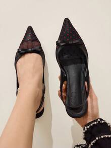 CUCCOO CHICEST 女士时尚优雅波点蝴蝶结装饰平底鞋，通勤必备 - 黑色 - 查看 5