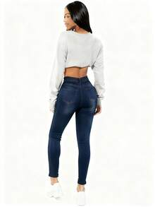 Jeans ajustados sexys para mujer] Jeans ajustados sexys para mujer, tejido elástico de mezcla de viscosa, color liso, con detalle de botón, para pantalones tejidos de otoño/invierno - Azul Marino - Ver 5