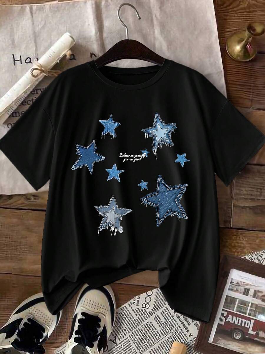 INAWLY EZwear Casual T-Shirt With Star & Letter Pattern, Relaxed Fit, Round Neck Short Sleeve, For Women - Black - View 1