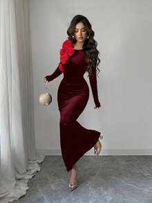 Rafferiza 女士秋冬圆领3D立体花卉丝绒修身收腰长裙，优雅适合假日、派对、圣诞晚宴 - 酒紅色 - 查看 4