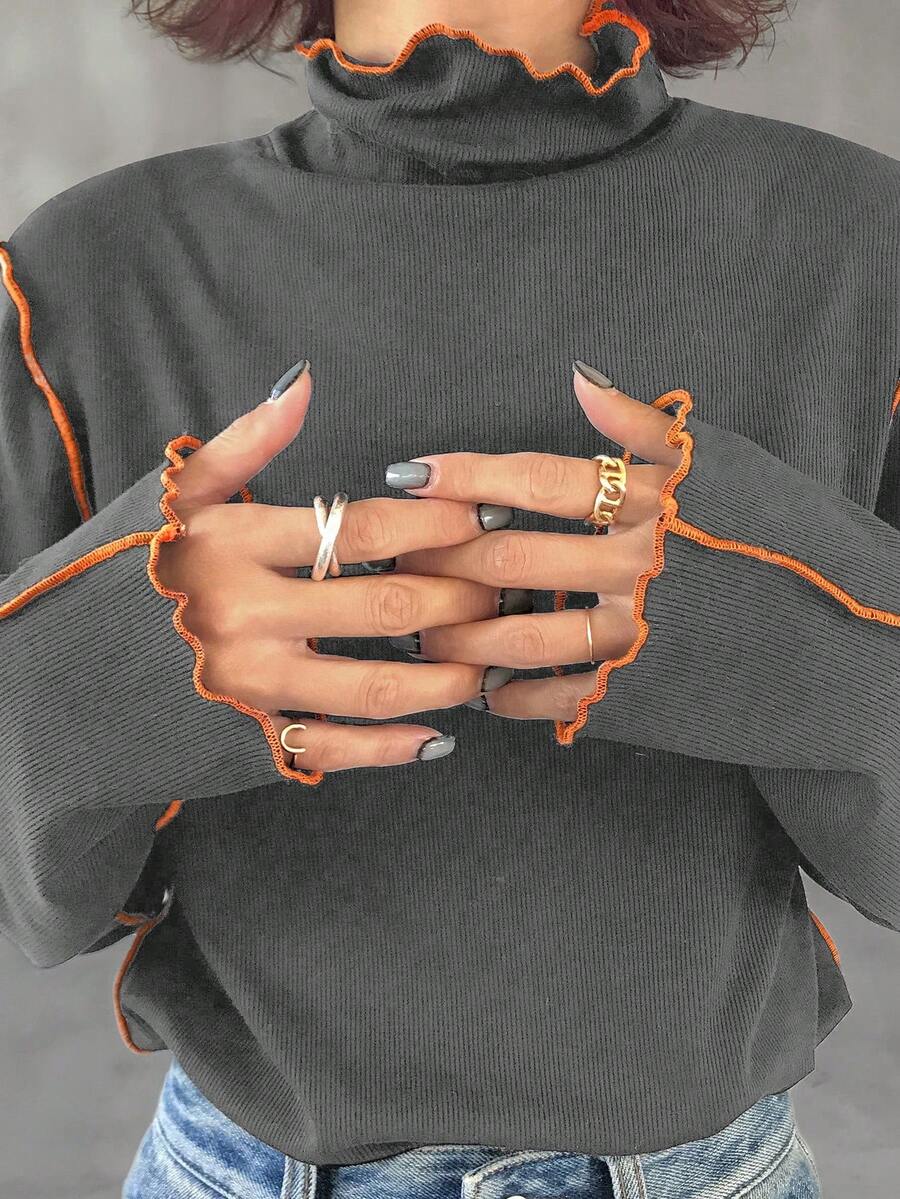 FRIFUL Women's Turtleneck Contrast Color T-Shirt With Contrast Ruffle Hem, Multi-Layer Ruffled Flared Sleeves, Fitted Long Sleeve Top - Dark Grey - View 1