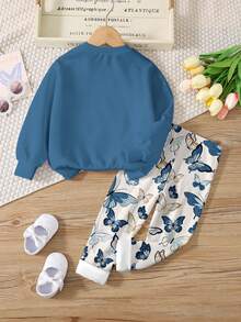 SHEIN Leap Crew Bộ 2 quần áo nỉ dài tay cổ tròn thoải mái cho bé gái tuổi teen, họa tiết bướm cổ điển, thích hợp cho mùa thu/đông - Nhiều màu - Xem 3