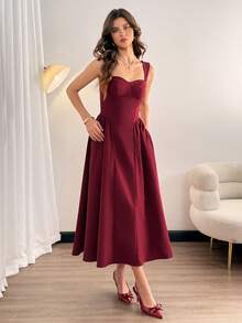 SHEIN Tall Váy dạ hội thanh lịch cổ điển dành cho nữ có túi, váy dự tiệc trà thường ngày, lễ hội, tiệc tùng, kỳ nghỉ hè, váy dạ hội, váy dự tiệc sinh nhật, khách dự tiệc cưới - Đỏ - Xem 5