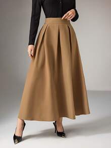 Heiryn Elegant Pleated A-Line Skirt For Commuting Khaki Skirt Women Long Brown Skirt Coffee Brown Skirt Elegant Skirt - Khaki - View 5