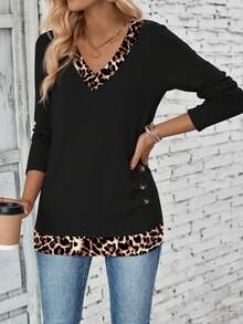 SHEIN PETITE Women's Leopard Print Patchwork V-Neck Long Sleeve Button Design Casual T-Shirt ,Petite Women - Multicolor - View 4