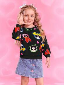 THE POWERPUFF GIRLS X SHEIN 小女孩卡通爱心花朵、泡泡、毛茛图案可爱长袖圆领卫衣