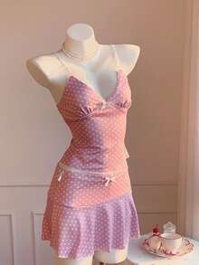 Comfortcana 女士波点印花蝴蝶结装饰吊带背心和迷你裙两件套 - 粉色 - 查看 6